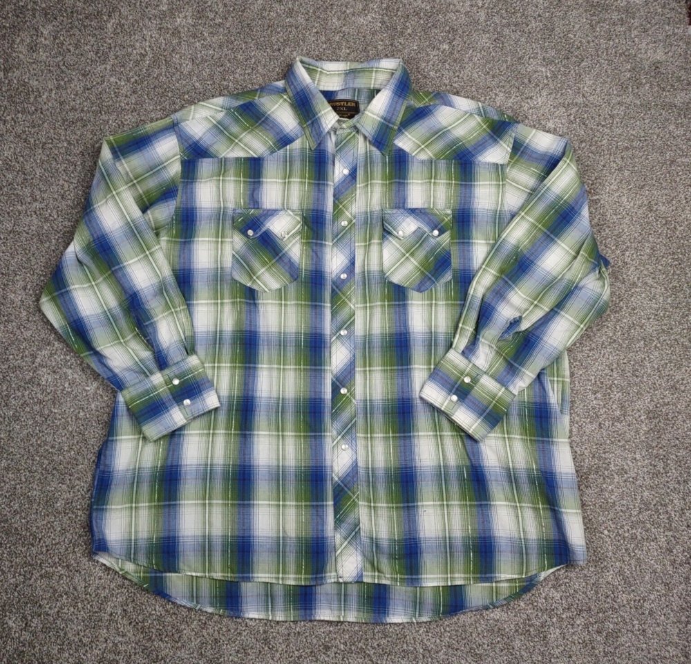 Vintage Rustler Shirt Men 2XL Western Pearl Snap Sawtooth Pocket Silver Wrangler